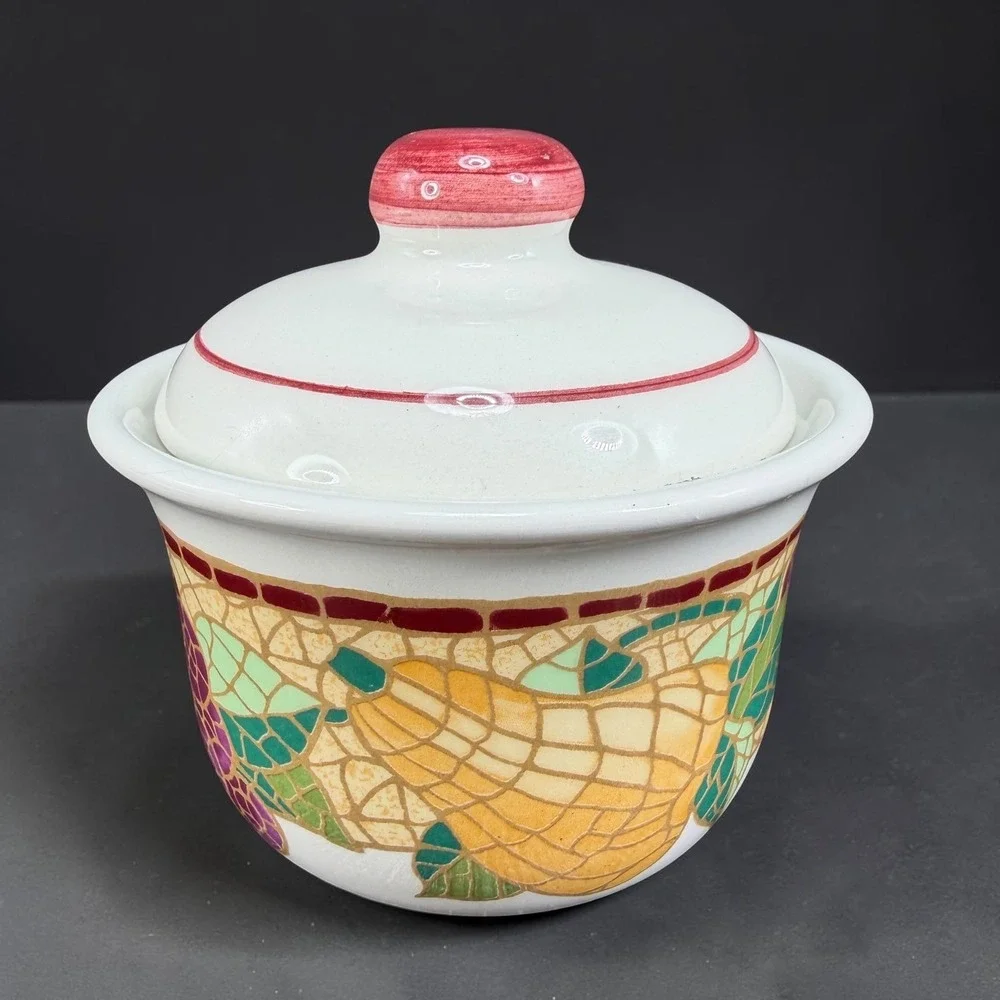 Pier 1 Mosaic Fruit Ceramic Sugar Bowl with Lid Made in Italy White Multi Color